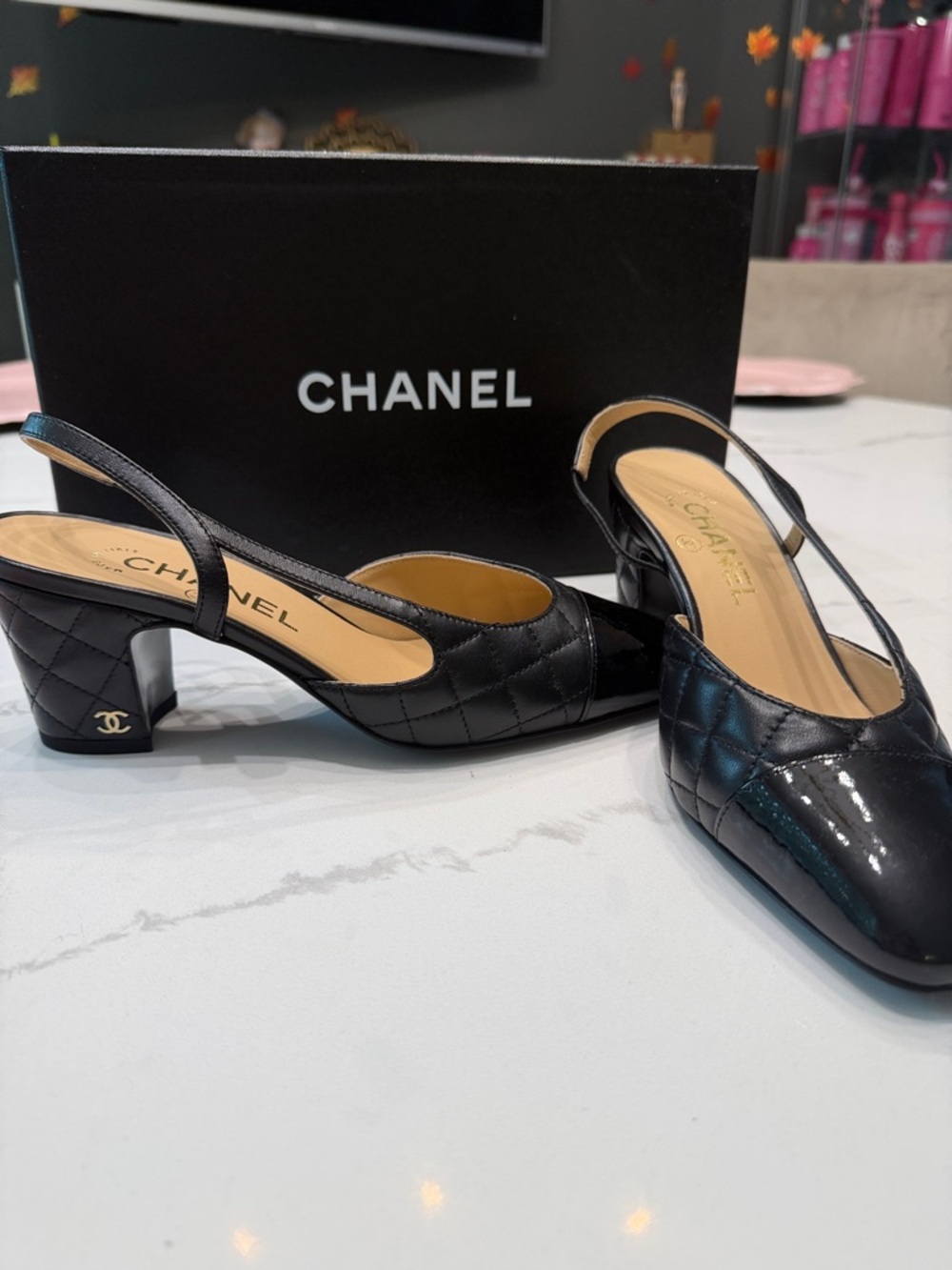 CHANEL Black Quilted Slingback Low Block Heel Pumps